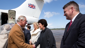 Britain's Prince Charles and his wife arrive at Shannon Airport on a chartered flight