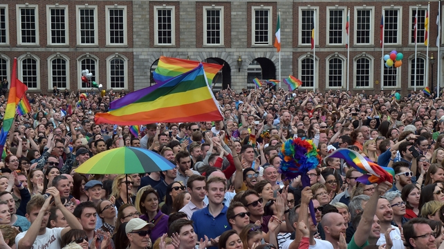 The crowd at Dublin Castle reacts after the Yes vote was announced