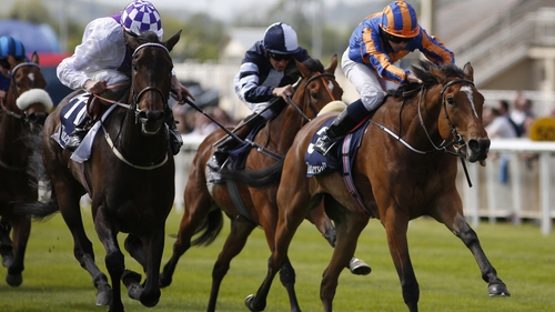 Found (blue and orange silks) finished second in the Irish 1,000 Guineas