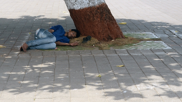 A man rests in the shelter of a tree in the city of Mumbai as the heatwave continues