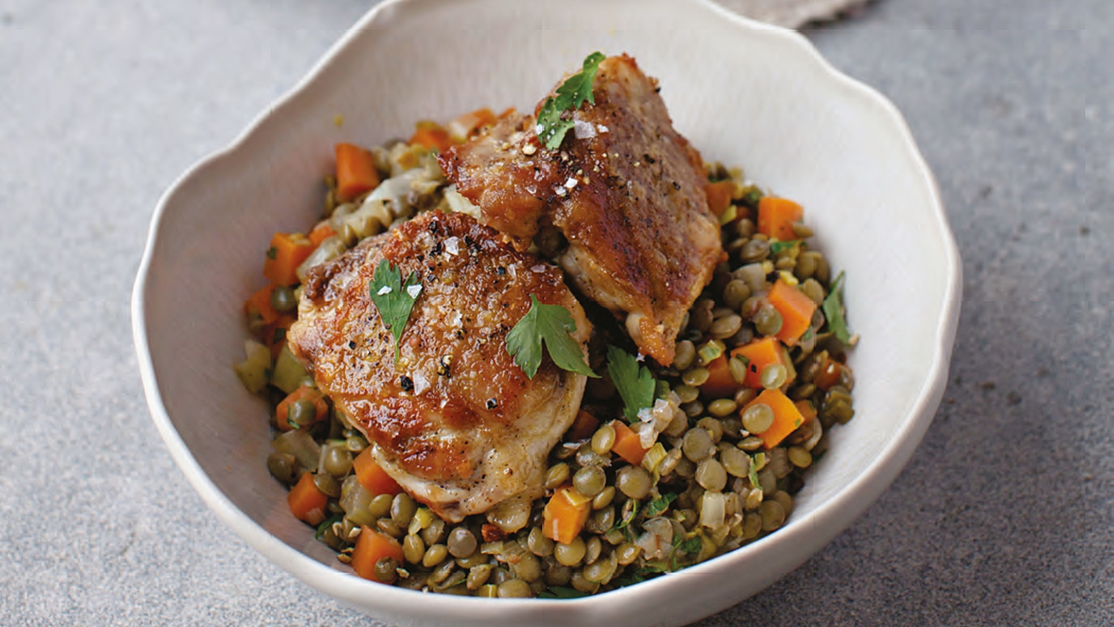 Crispy Chicken Thighs with Braised Puy Lentils