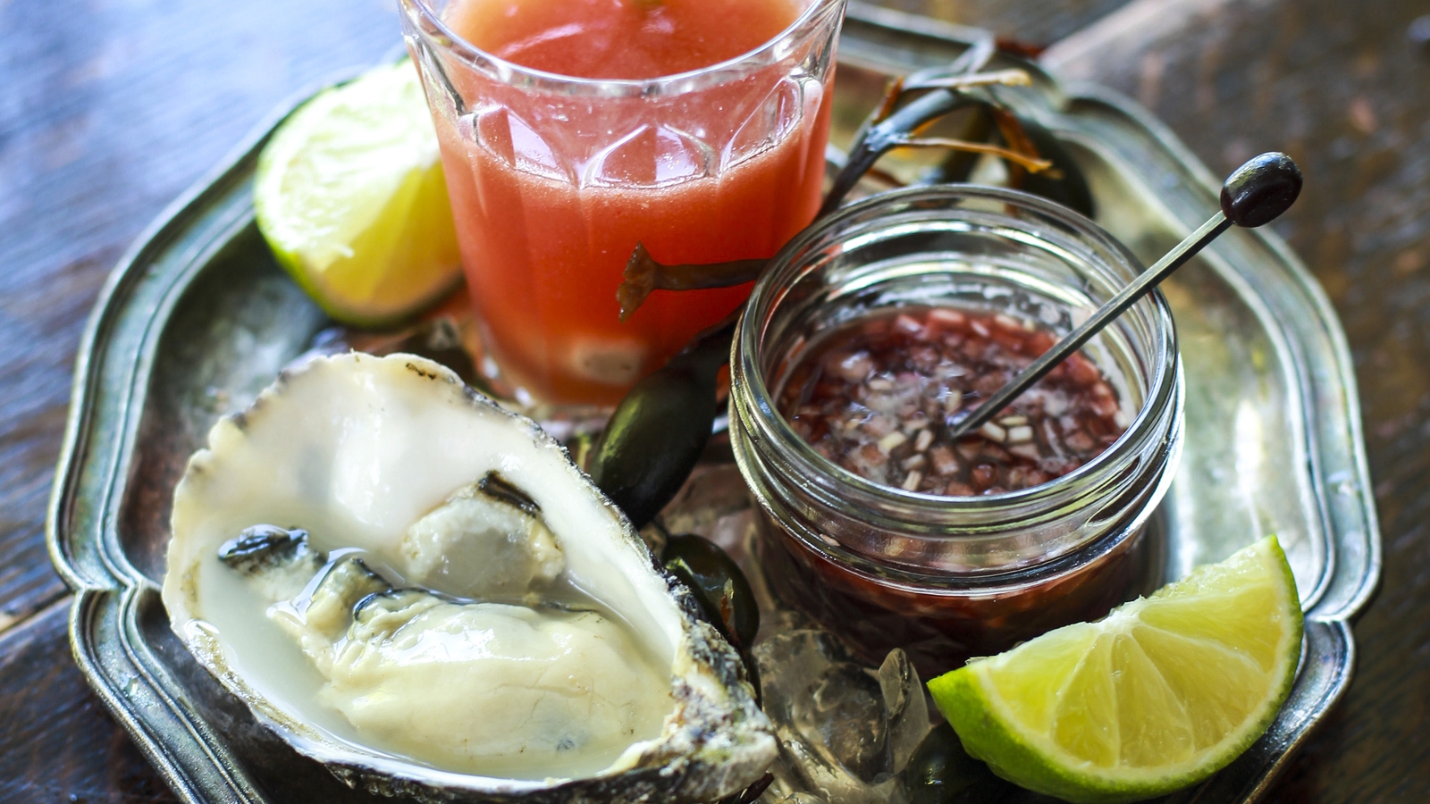 Bloody Mary Oyster Shooters with Raw Oysters and a Shallot
