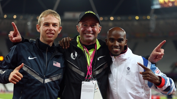 Mo Farah (R) and Galen Rupp (L) with Alberto Salazar after the Men's 10,000m Final at London 2012