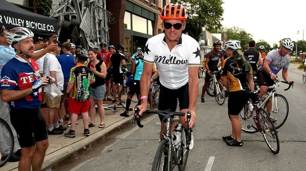Lance Armstrong at the start of the third day of the RAGBRAI en route to West Des Moines in July 2013