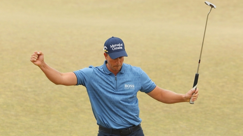 Sweden's Henrik Stenson of celebrates a birdie on the 18th green at the US Open