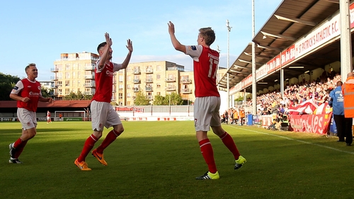 Chris Forrester celebrates scoring in St Pat's victory over Longford