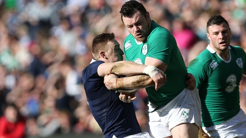 Scotland's wing Dougie Fife (L) tackles Ireland's prop Cian Healy during last spring's Six Nation's tie