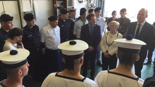 Ministers Coveney and Fitzgerald and Junior Minister Sean Sherlock with the crew of LÉ Eithne