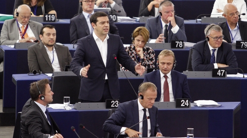 Greek Prime Minister Alexis Tsipras speaks in the plenary hall at the European Parliament in Strasbourg