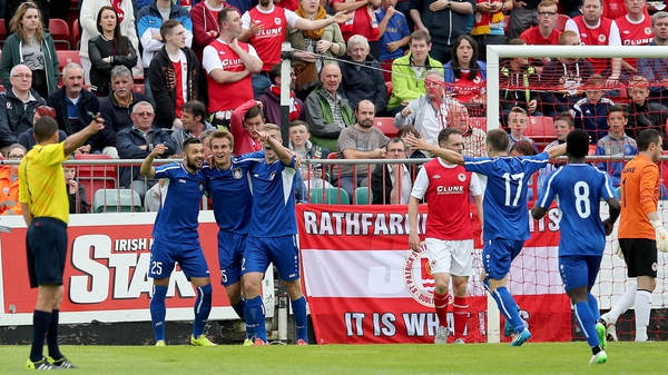 Skonto Riga's Vladislavs Sorokins celebrates scoring the first goal of the game