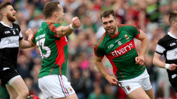Seamus O'Shea of Mayo celebrates scoring his side's second goal with Andy Moran