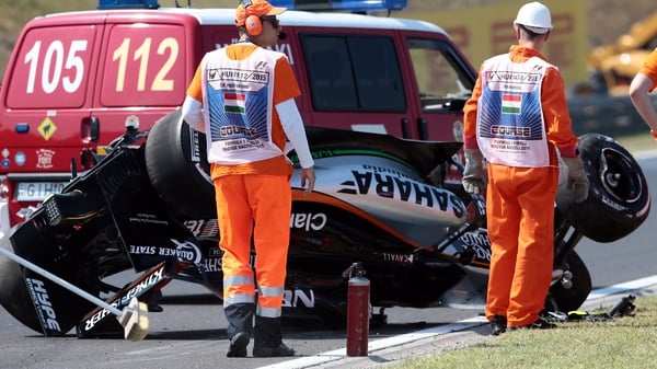 The Mexican driver suffered a rear suspension failure and lost control of his Force India