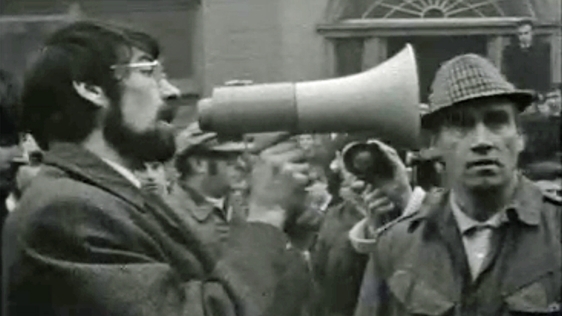 Tom Keane of the People's Democracy addresses the protesters on 11 January 1969.