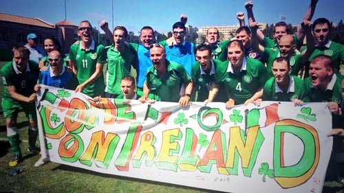 Team Ireland footballers celebrate their bronze medal win