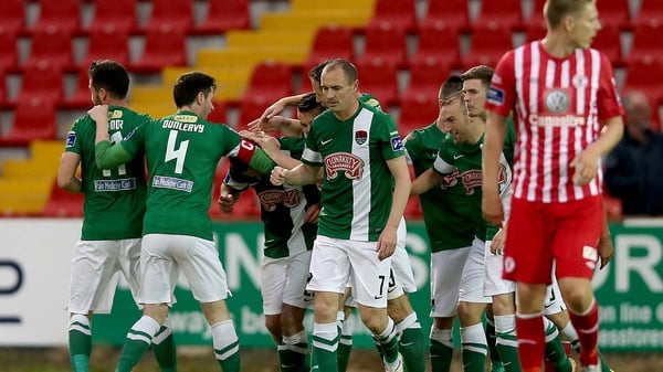 Mark O'Sullivan celebrates with team-mates after his goal for Cork City