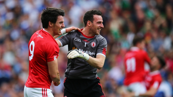 Tyrone goalkeeper Niall Morgan and Mattie Donnelly celebrate the win over the Farney