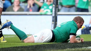 Sean Cronin scoring a try for Ireland, but he is going to miss out on this year's Six Nations due to injury