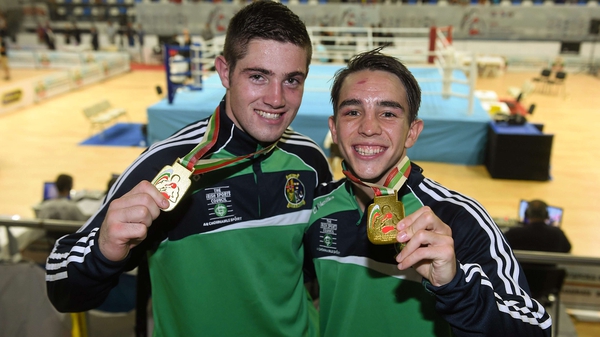 Joe Ward (L) and Michael Conlan with their European Championship gold medals