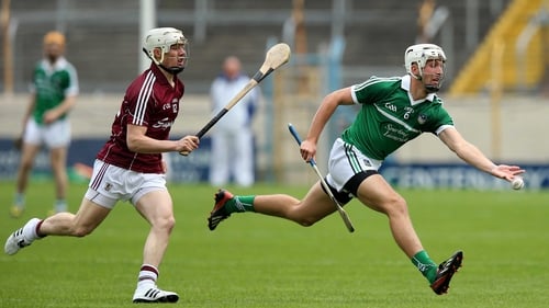 Limerick's Barry O'Connell beats Conor Whelan of Galway to the sliotar at Semple Stadium