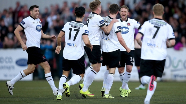 Dundalk players celebrate Ronan Finn's opener against his former side at Oriel Park