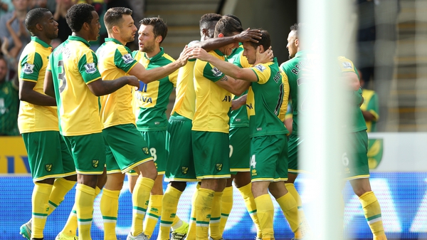 Norwich players celebrate after Wes Hoolahan scored against Bournemouth
