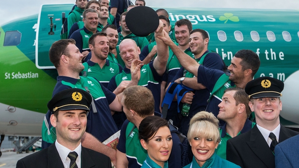 Paul O'Connell and the Ireland squad board the plane at Dublin Airport