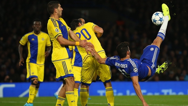 Diego Costa attempts the spectacular with an overhead kick