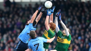 Cian O'Sullivan (left) contests a breaking ball against Kerry