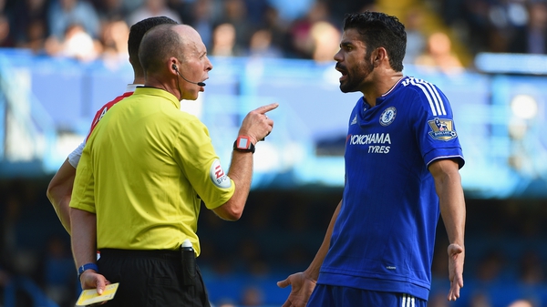 Diego Costa remonstrates with referee Mike Dean