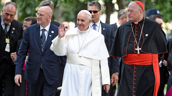 Pope Francis arrives for a religious service at the site of the 9/11 memorial in New York
