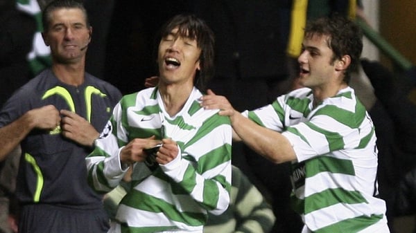 Celtic's Shunsuke Nakamura (centre) celebrates scoring the winning goal against Manchester United in a Champions League tie in 2006