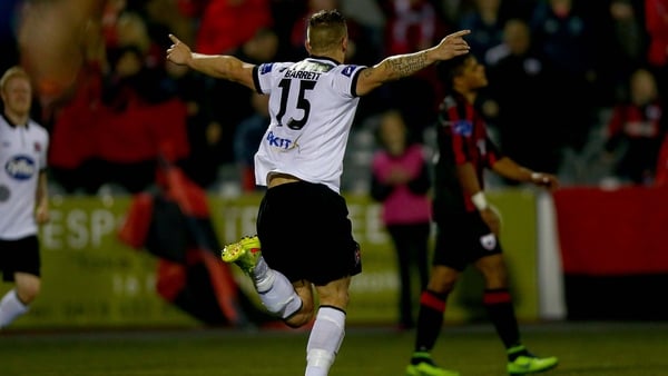 Paddy Barrett wheels away in celebration after giving Dundalk the lead
