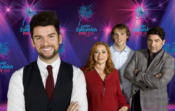 Host Eoghan McDermott with Junior Eurovision judges Niamh Kavanagh, Stiofán Ó Fearail and Brian Kennedy