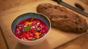 A gorgeous, healthy and flavoursome soup. Serves four as a starter, Rachel Allen's Raw Beetroot Soup with Dill and Honey Yoghurt