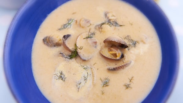 Rachel Allen's Smocked haddock and cockle soup. Serves 4 as a starter.