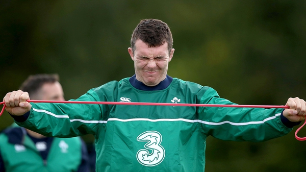 Peter O'Mahony taking part in a strength training exercise during Ireland training