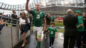 Paul O'Connell with wife Emily and son Paddy following his last game for Ireland at the Aviva Stadium in 2015