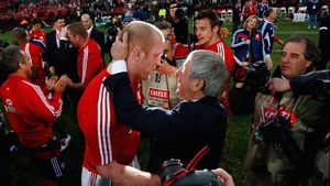 Lions captain Paul O'Connell is congratulated by coach Ian McGeechan following a Test win over South Africa in 2009
