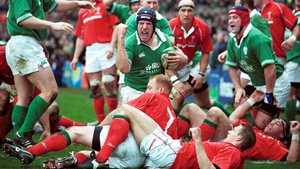 A young O'Connell celebrates scoring a try on his Ireland debut against Wales in 2002. He later said: 'I scored a try but I don't remember it'