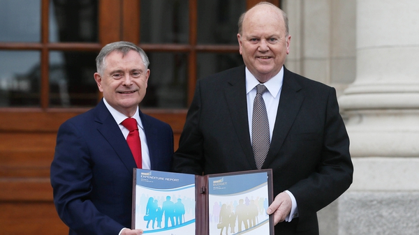 Ministers Michael Noonan and Brendan Howlin at a press call earlier today