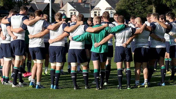 The Ireland team huddle together at the captain's run in Cardiff