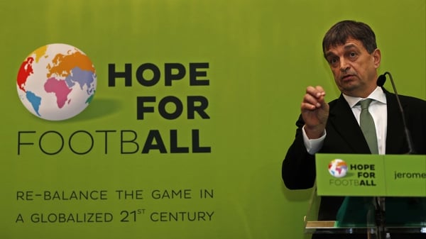 Jerome Champagne speaks during the Hope for Football press conference in London last year