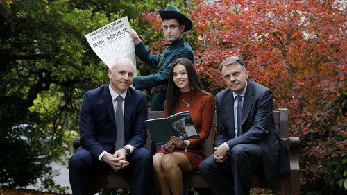 RTÉ says "it will bring 1916 to life" through a wealth of content (L-R Rebellion actor Conor Patrick Keating; Glen Killane, MD, RTÉ Television; Sibéal Ní Chasaide, whose vocals can be heard in the documentary 1916; and Noel Curran, RTÉ Director-General