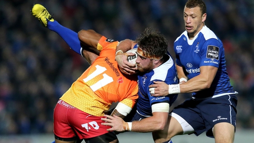 Leinster's Dominic Ryan with Michael Tagicakibau of Scarlets