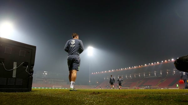Seamus Coleman walks out for training at the Bilino Polje stadium in Zenica yesterday