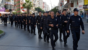 Turkish police guards march before an expected anti-G20 protest in Antalya, Turkey
