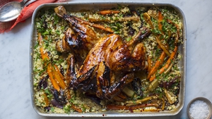 Pomegranate Molasses Chicken with Roasted Vegetable Bulgur Salad