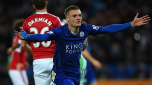 Jamie Vardy celebrates his record breaking goal against Manchester United