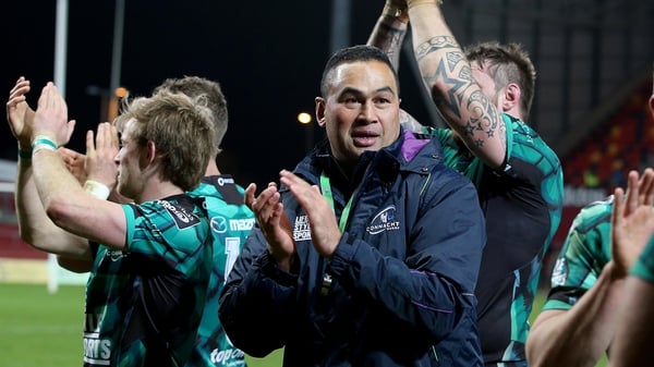 Pat Lam celebrates with his players at Thomond Park
