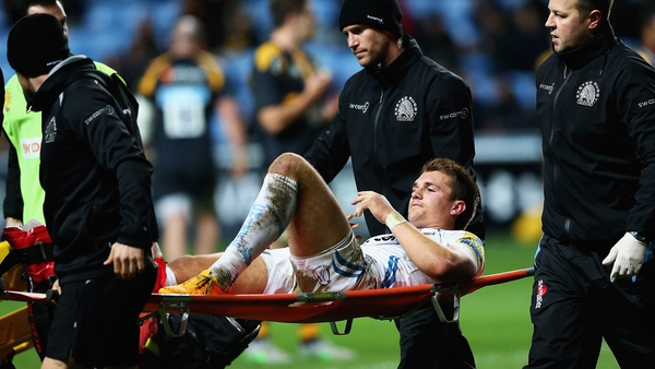 Henry Slade is stretched off during the Aviva Premiership match against Wasps
